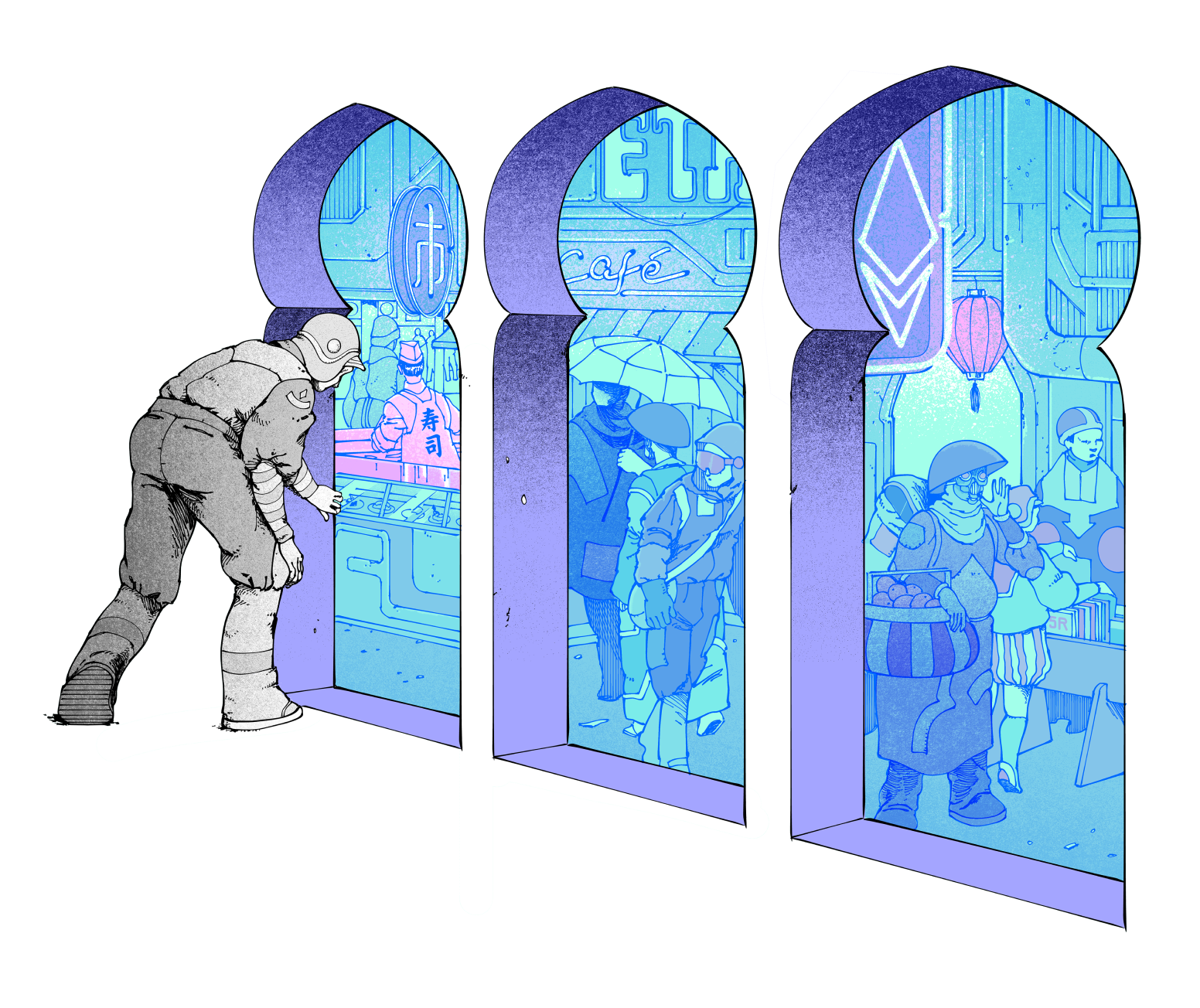 Il·lustració d'una persona mirant dins d'un basar, que representa Ethereum